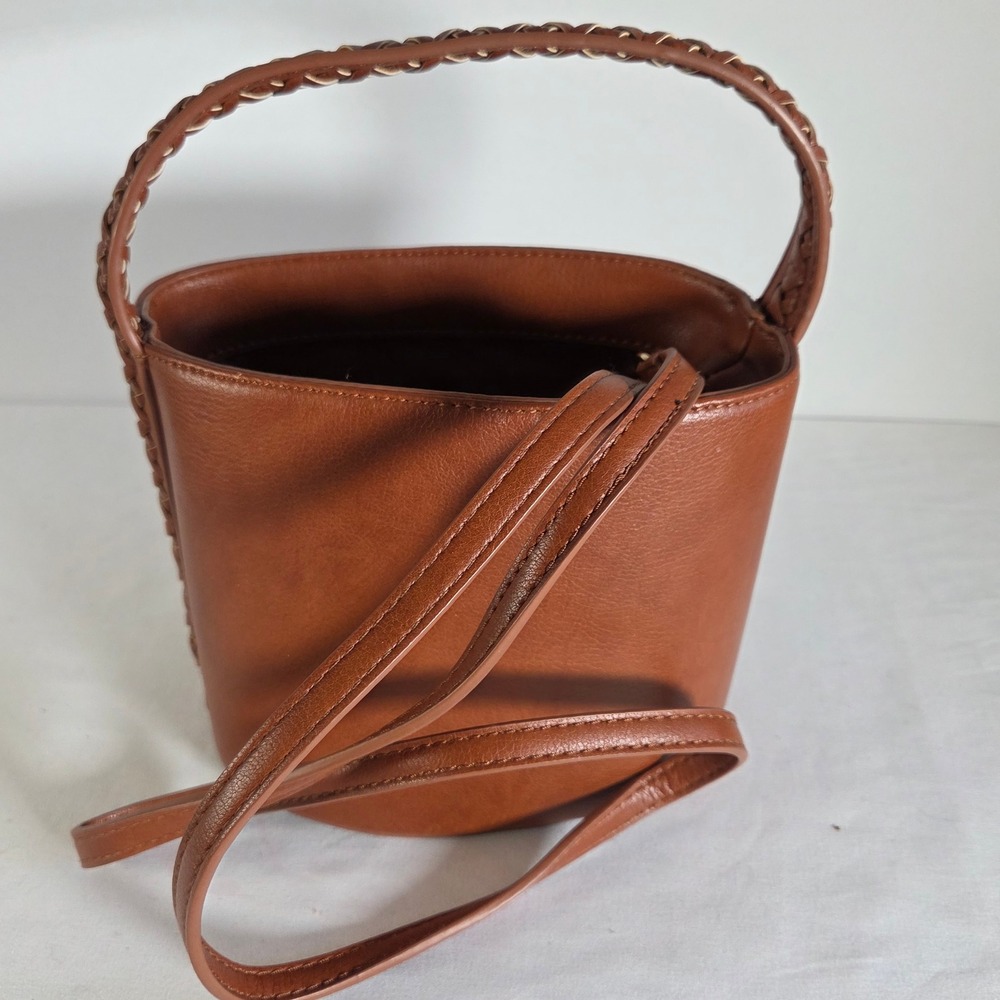 Free People Brown Vegan Leather Bucket Bag Braided Handle Crossbody Drawstring S